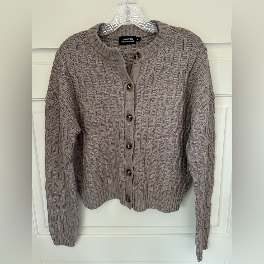 Monoprix Heather Taupe Cable Knit Cardigan